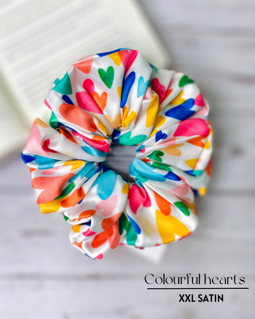 COLOURFUL HEARTS  - PREMIUM SATIN HAIR SCRUNCHIE