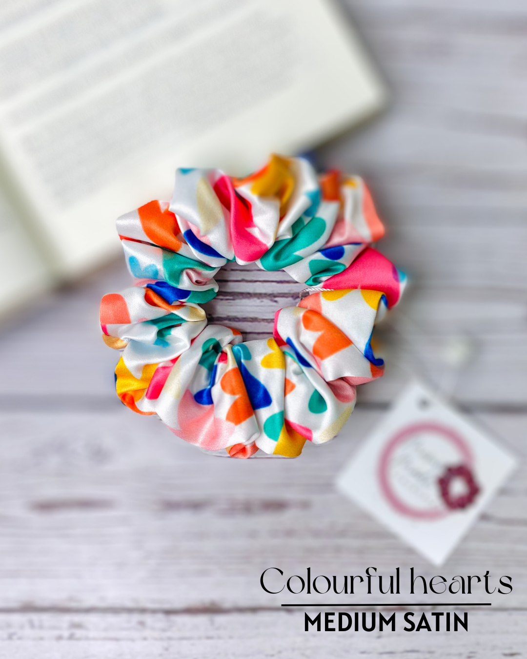 COLOURFUL HEARTS  - PREMIUM SATIN HAIR SCRUNCHIE