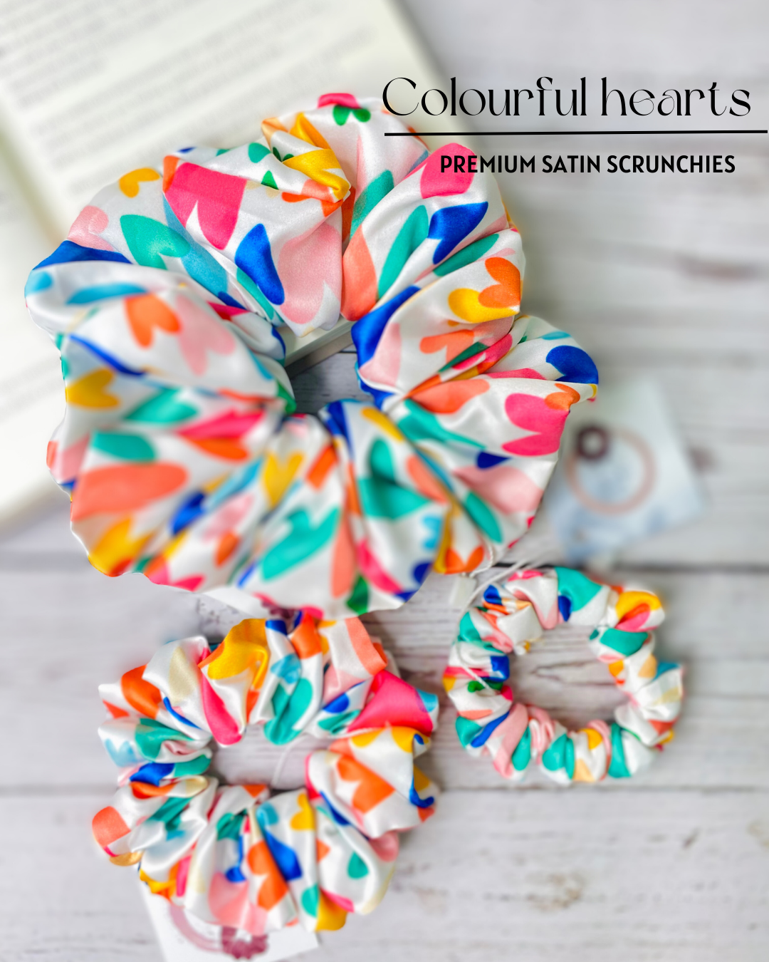 COLOURFUL HEARTS  - PREMIUM SATIN HAIR SCRUNCHIE