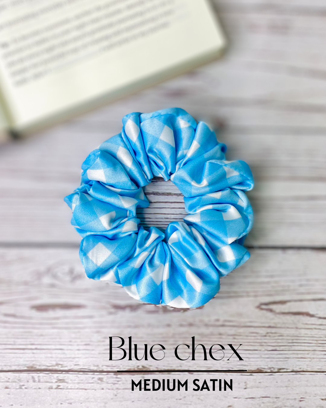 BLUE CHEX  - PREMIUM SATIN HAIR SCRUNCHIE IN MEDIUM