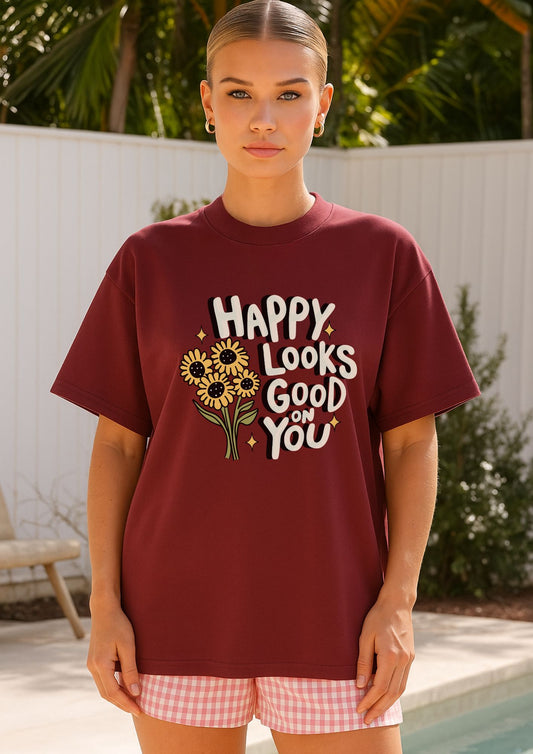 Happy Looks Good On You Oversized Rose Tshirt
